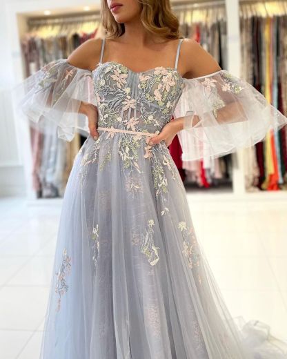 Elegant Long A-line Off the Shoulder Tulle Formal Prom Dress with Sleeves - YESBABYONLINE