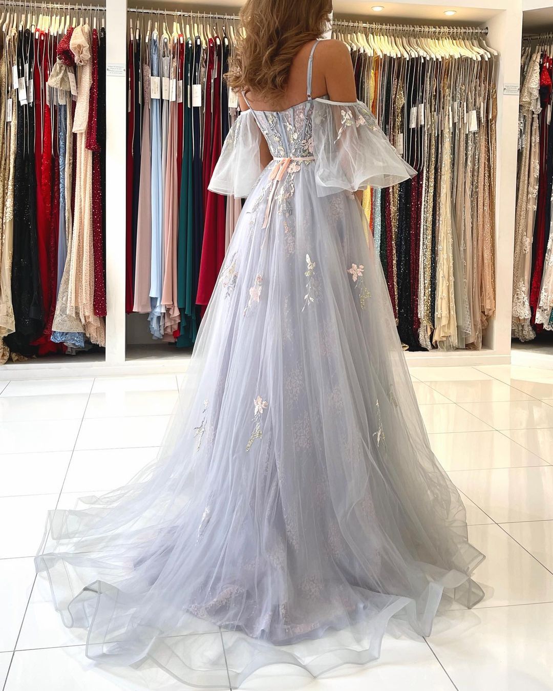 Elegant Long A-line Off the Shoulder Tulle Formal Prom Dress with Sleeves - YESBABYONLINE