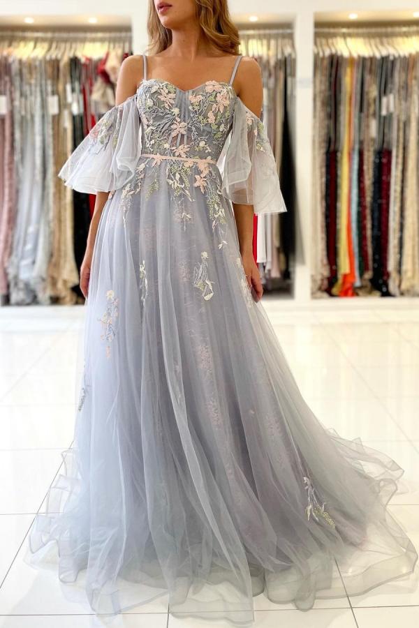 Elegant Long A-line Off the Shoulder Tulle Formal Prom Dress with Sleeves - YESBABYONLINE