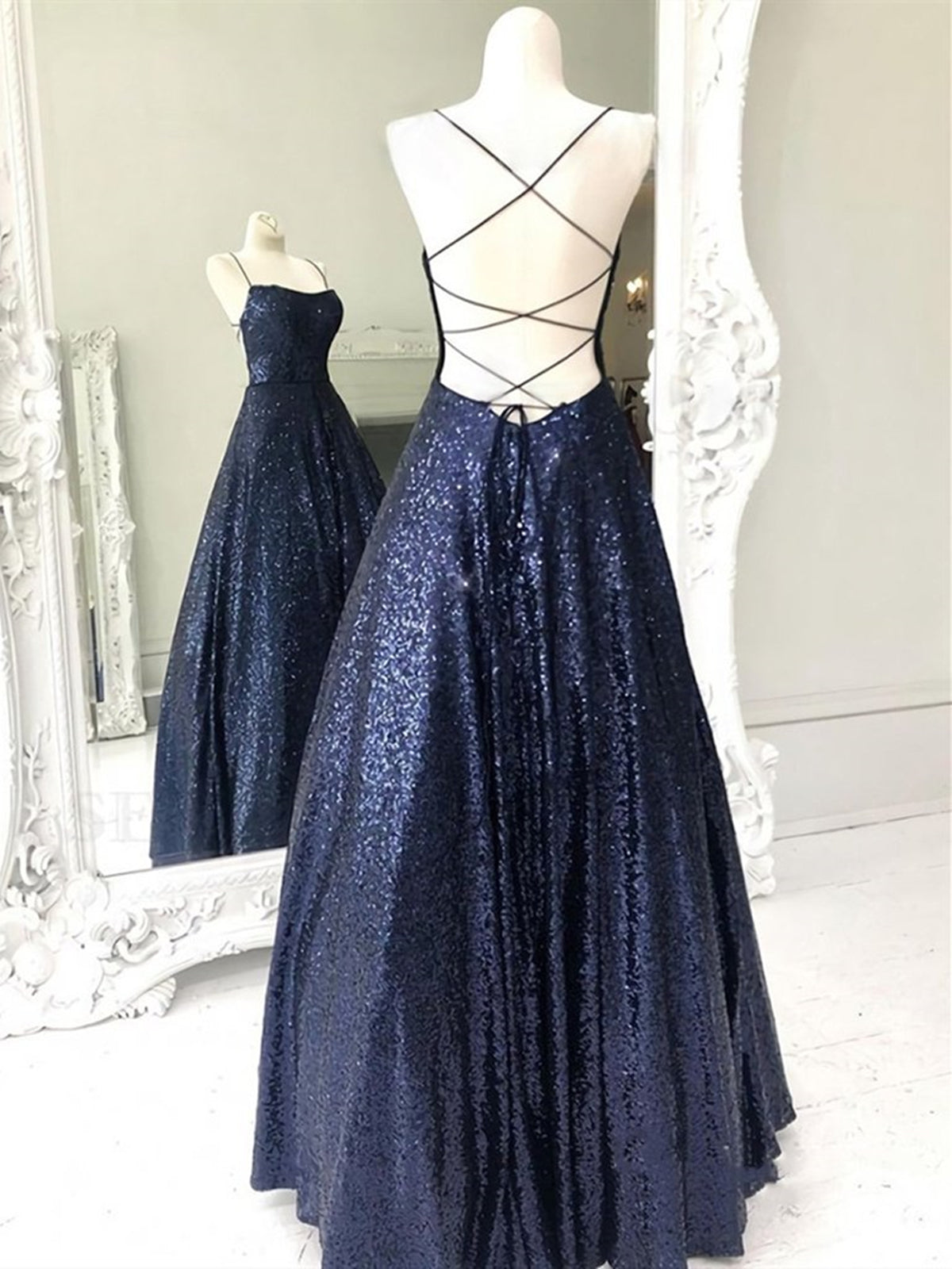 Elegant Long A-line Strapless Sequined Open Back Formal Prom Dresses-Yesbabyonline