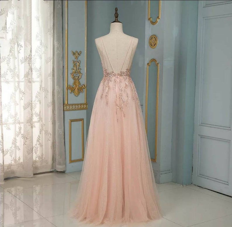 Elegant Long A-line V-neck Sequins Tulle Backless Prom Dress - YESBABYONLINE
