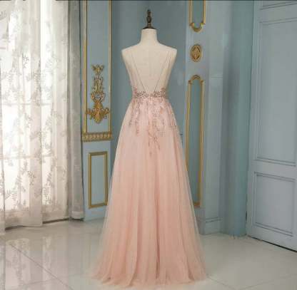 Elegant Long A-line V-neck Sequins Tulle Backless Prom Dress - YESBABYONLINE