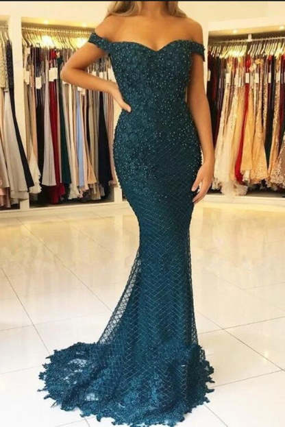 Elegant Long Mermaid Sweetheart Off-the-shoulder Tulle Prom Dress - YESBABYONLINE