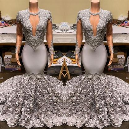 Elegant Long Sleeve V-Neck Mermaid Prom Dress with Appliqued Flowers