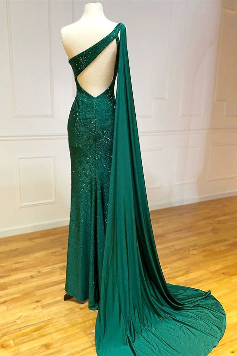 Elegant One Shoulder Emerald Green Long Prom Dress with Shawl