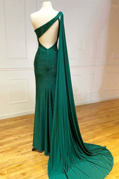 Elegant One Shoulder Emerald Green Long Prom Dress with Shawl
