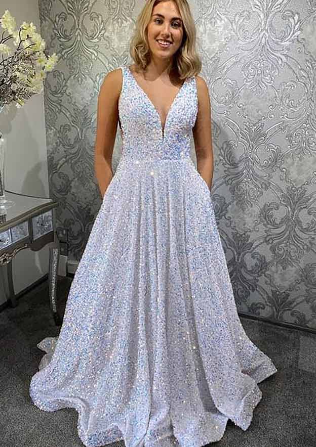 Elegant Princess A-line V Neck Sleeveless Velvet Sequins Long Prom Dress With Pockets-Yesbabyonline