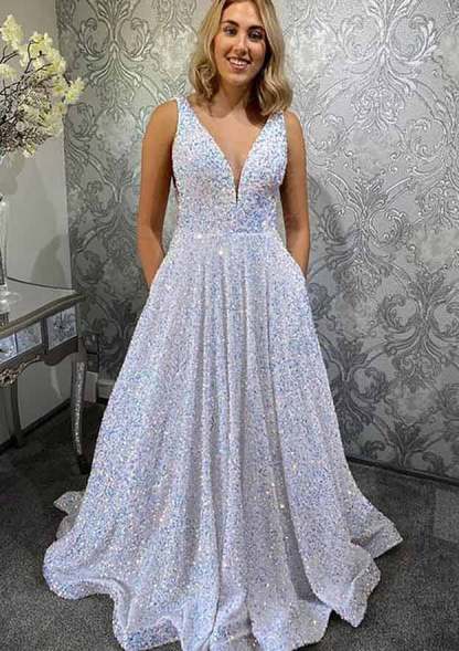 Elegant Princess A-line V Neck Sleeveless Velvet Sequins Long Prom Dress With Pockets-Yesbabyonline