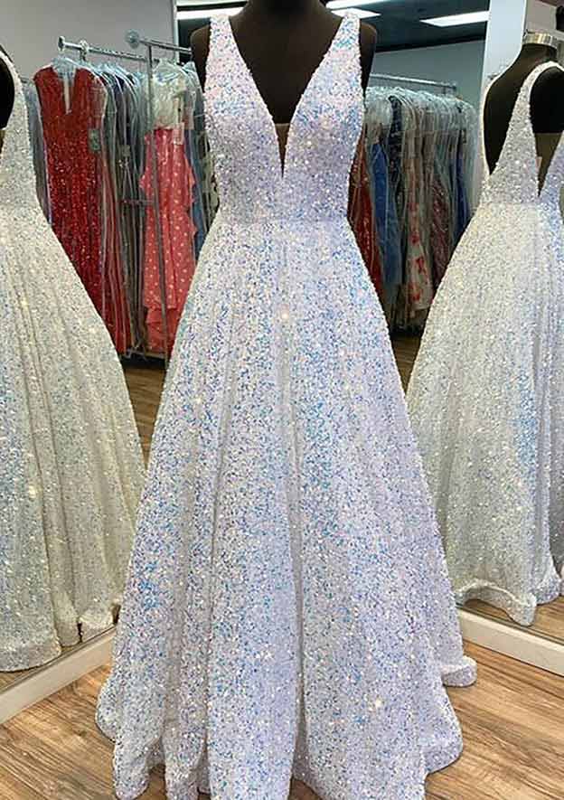Elegant Princess A-line V Neck Sleeveless Velvet Sequins Long Prom Dress With Pockets-Yesbabyonline