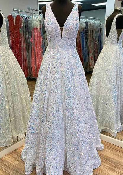 Elegant Princess A-line V Neck Sleeveless Velvet Sequins Long Prom Dress With Pockets-Yesbabyonline