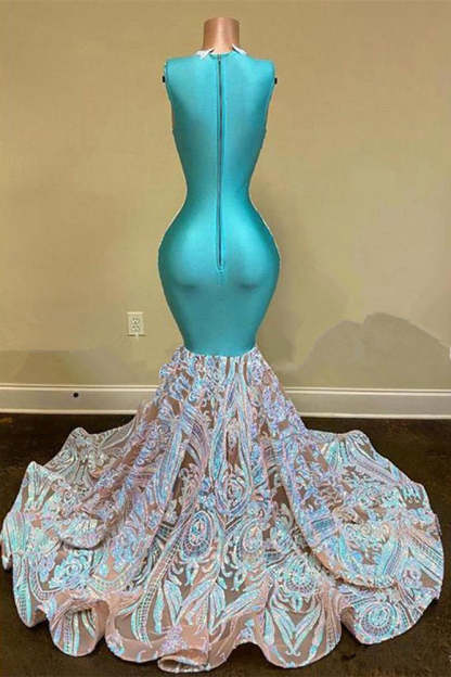 Elegant Sparkly Long Mermaid Glitter Floral Lace Prom Dresses-Yesbabyonline