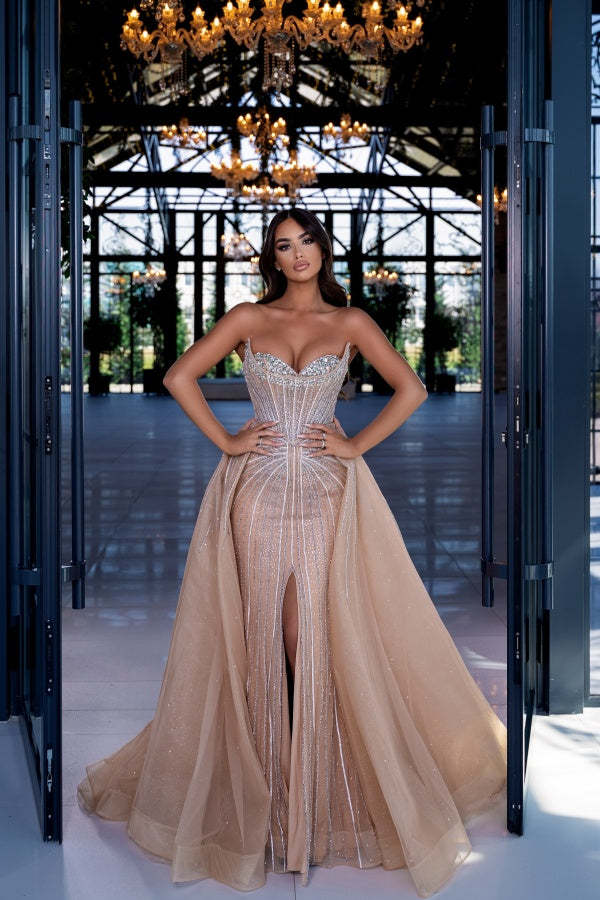 Long Strapless Mermaid Detachable Train Evening Formal Dresses with Front Slit