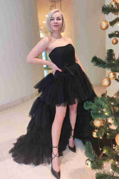 Elegant Strapless Layered Hot Pink Long Prom Dress with Slit