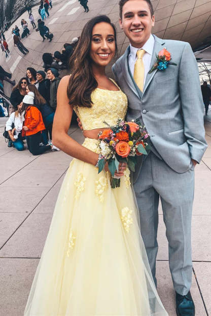 Elegant Two Piece Yellow Long Prom Dress