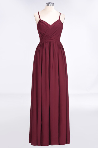 A-Line Spaghetti-Straps V-Neck Sleeveless Floor-Length Bridesmaid Dress with Ruffles - YESBABYONLINE