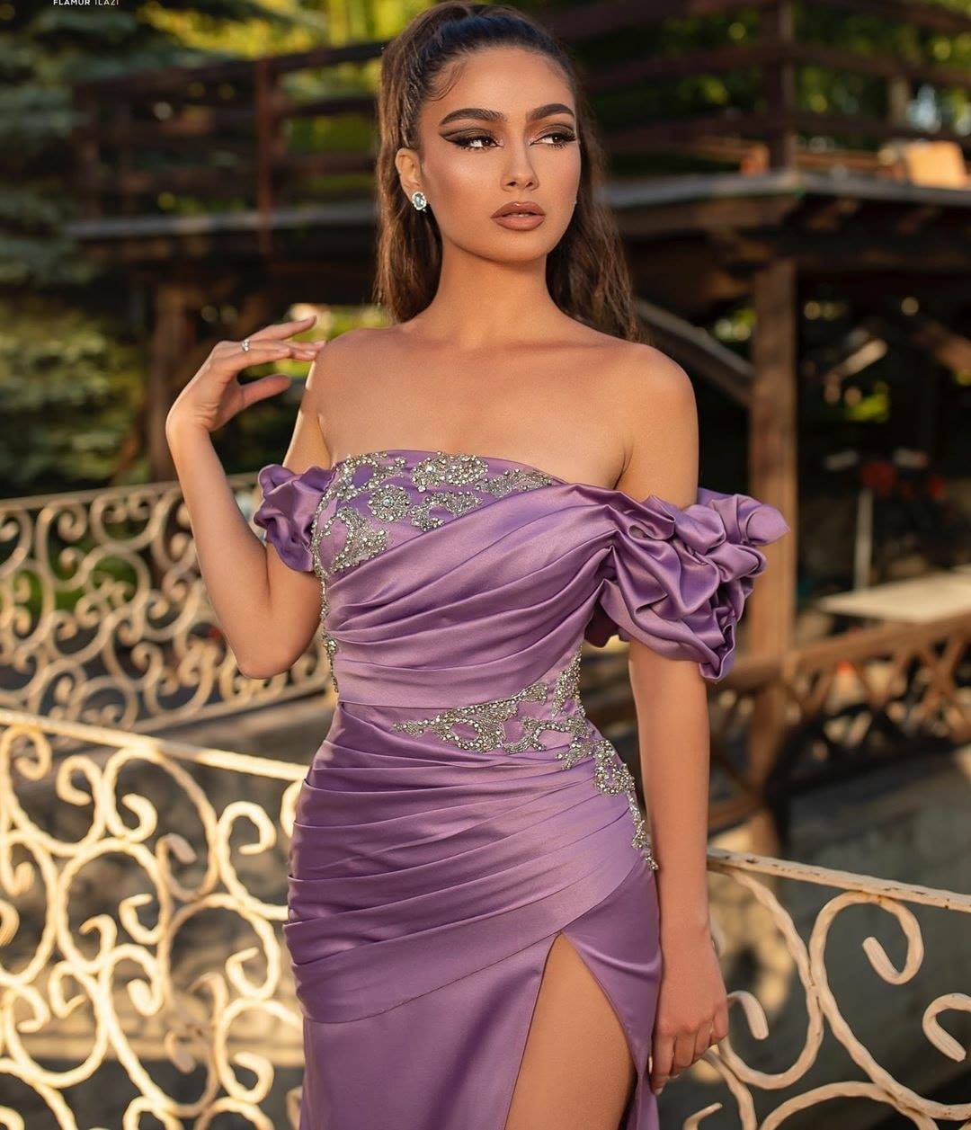 Gorgeous Off The Shoulder Grape Purple Split Prom Dress Mermaid - YESBABYONLINE