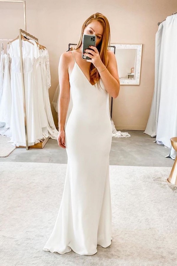 Long Mermaid Spaghetti Strap V Neck Backless Satin Wedding Dresses - YESBABYONLINE