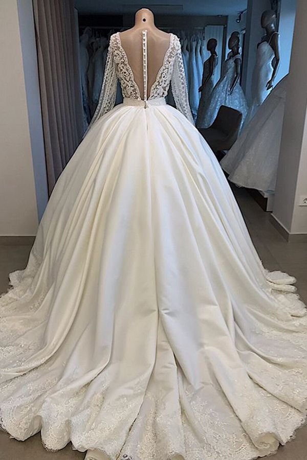 Long Ball Gown Satin V Neck Beading Backless Wedding Dresses with Sleeves - YESBABYONLINE