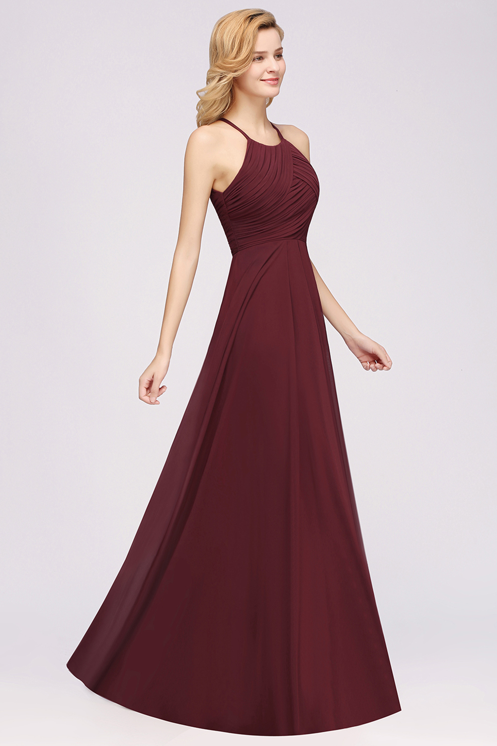 Long A-Line Halter Ruffles Floor-Length Chiffon Bridesmaid Dress - YESBABYONLINE