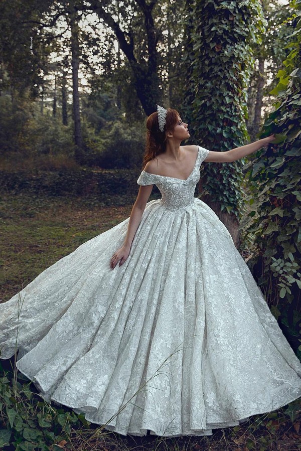 Long Off The Shoulder Sweetheart Backless Lace Floral Ball Gown Wedding Dresses - YESBABYONLINE