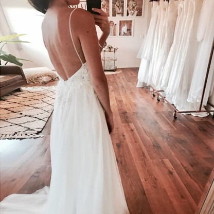 Sexy Long A-Line V-Neck Tulle Lace Open Back Wedding Dresses with Slit - YESBABYONLINE