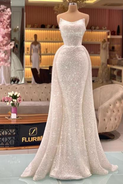 Chic Long Sequins Strapless A-Line Sleeveless Floor-Length Prom Dresses - YESBABYONLINE