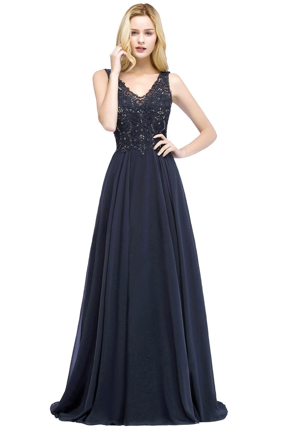 Long A-line Straps V Neck Applique Lace Floor Length Chiffon Bridesmaid Dresses - YESBABYONLINE