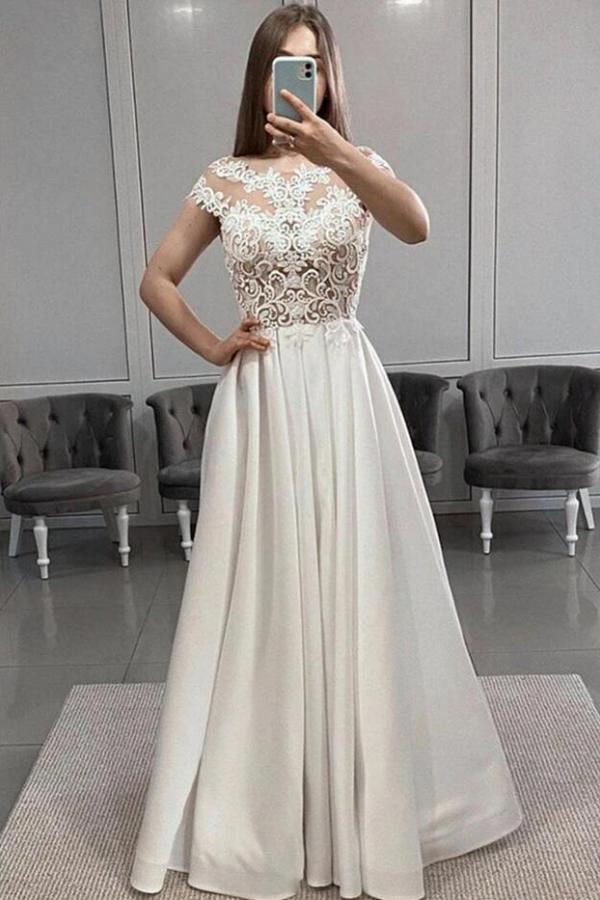 Ivory Long A-line Satin Lace Front Slit Sleeveless Prom Dresses - YESBABYONLINE