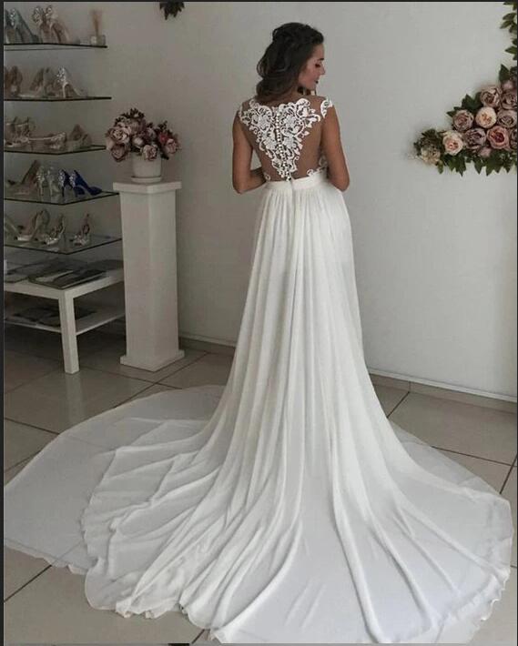 Long A-line Chiffon Lace V-neck Wedding Dress with Side Slit - YESBABYONLINE