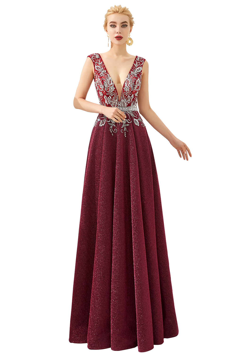 Long A-line Straps Deep V-neck Lace Backless Formal Prom Dresses - YESBABYONLINE