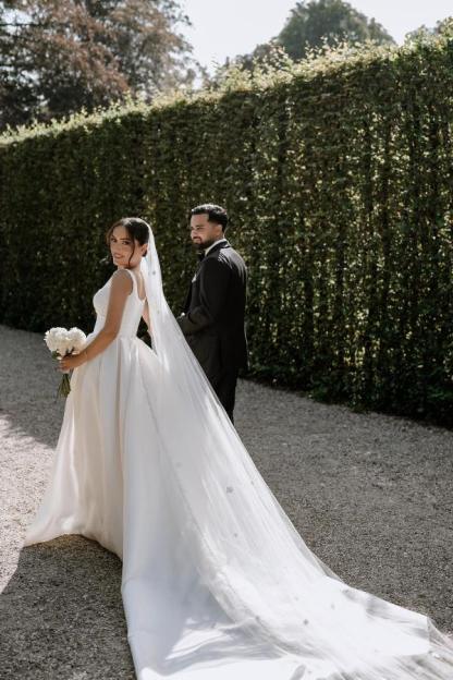 Split Front Square Neck A-Line Satin Long Wedding Dress
