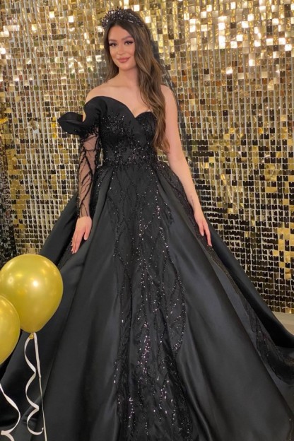 Black Long Strapless Asymmetrical Lace Satin Ball Gown Wedding Dress - YESBABYONLINE