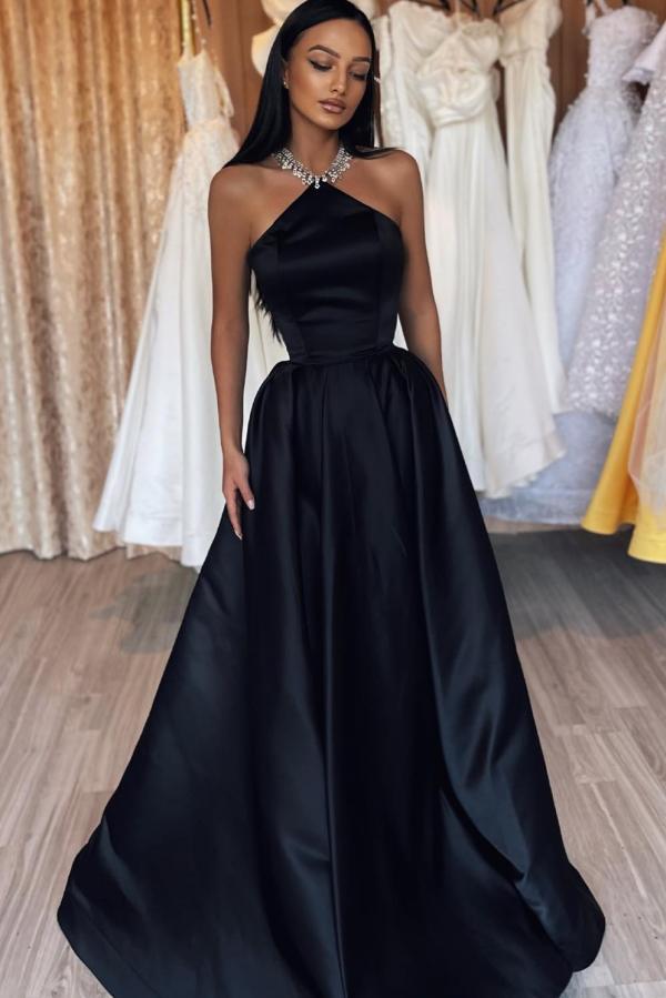 Simple Halter A Line Draped Satin Floor Length Prom Dress