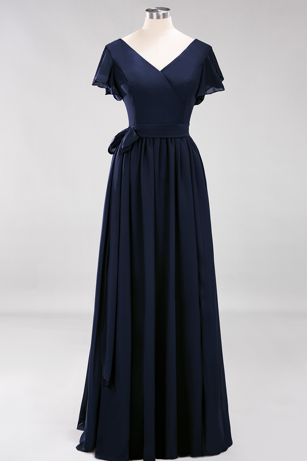 Elegant A-line V-Neck Short Sleeves Floor-Length Bridesmaid Dresses with Bow Sash - YESBABYONLINE