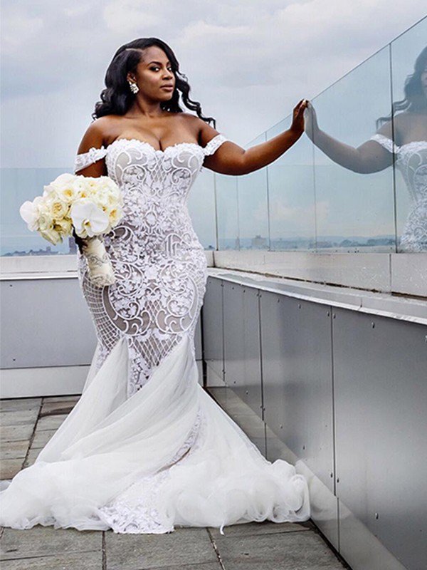 Long Mermaid Off the Shoulder Tulle Sleeveless Ruffles Wedding Dresses - YESBABYONLINE
