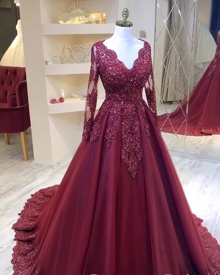 Elegant Long V-Neck Tulle Lace A-line Prom Dress with Sleeves - YESBABYONLINE
