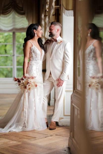 Gorgeous Long Mermaid Sleeveless Spaghetti Straps V Neck Tulle Lace Prom Dresses - YESBABYONLINE