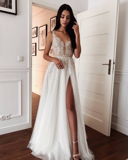 Long A-line Spaghetti Strap V Neck Applique Lace Tulle Wedding Dresses with Front Slit - YESBABYONLINE