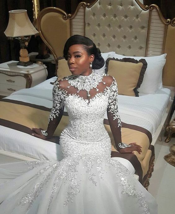 Long Mermaid High Neck Tulle Beaded Lace Appliques Wedding Dress with Sleeves - YESBABYONLINE