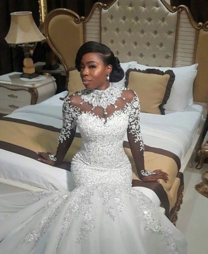 Long Mermaid High Neck Tulle Beaded Lace Appliques Wedding Dress with Sleeves - YESBABYONLINE