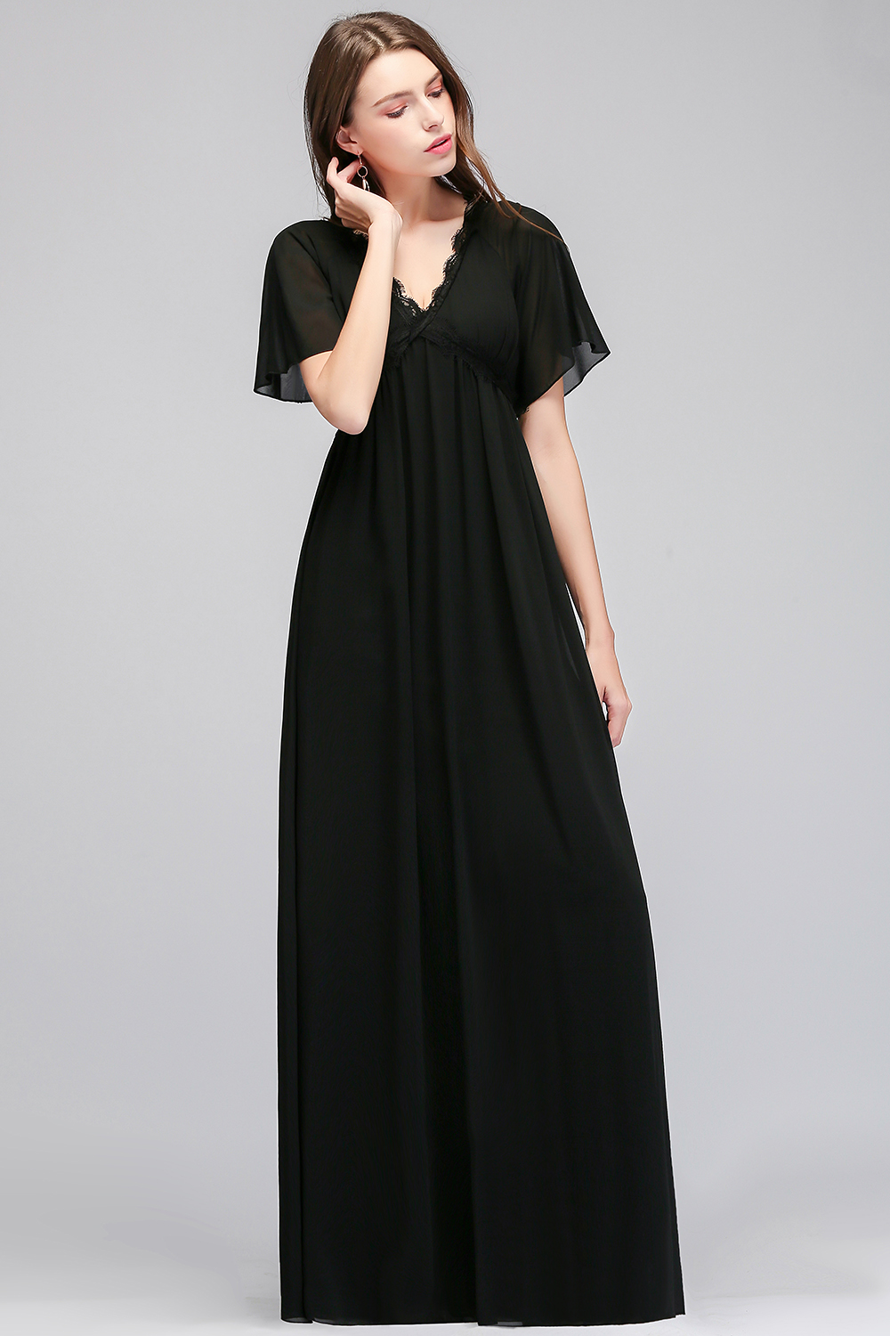 Long Black A-line V-Neck Floor-Length Chiffon Bridesmaid Dresses with Sleeves - YESBABYONLINE