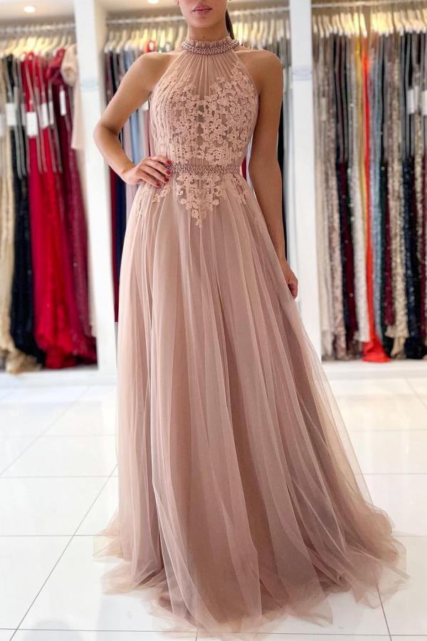Elegant Long high Neck Lace Appliques Tulle A-line Evening Prom Dress - YESBABYONLINE