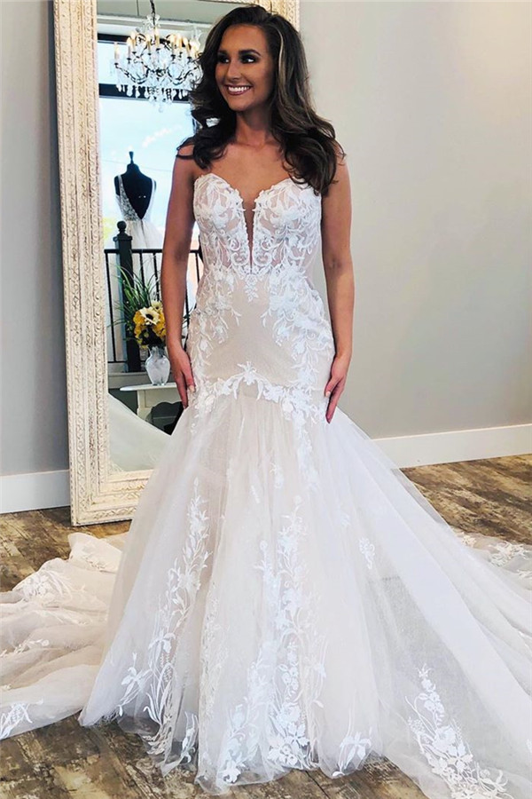 Sexy Long Mermaid Sweetheart Backless Tulle Applique Lace Wedding Dresses - YESBABYONLINE