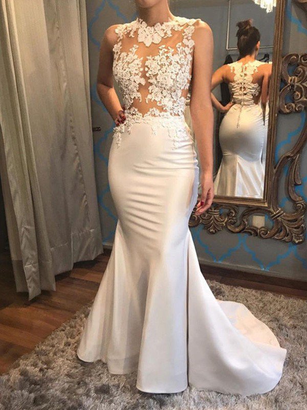 White Long Mermaid Sleeveless Applique Lace Satin Wedding Dresses - YESBABYONLINE