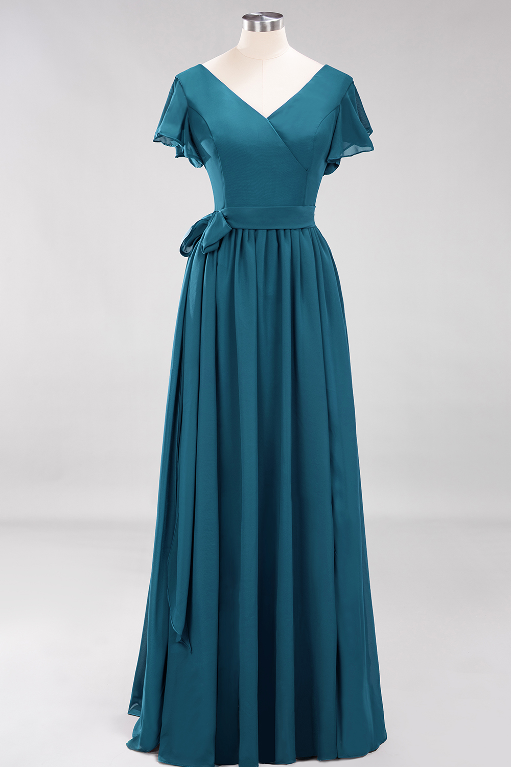Elegant A-line V-Neck Short Sleeves Floor-Length Bridesmaid Dresses with Bow Sash - YESBABYONLINE
