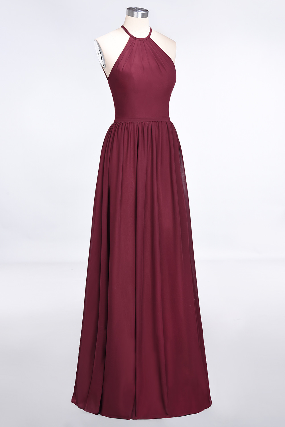 Long A Line Halter Sleeveless Floor Length Chiffon Bridesmaid Dress with Ruffles - YESBABYONLINE