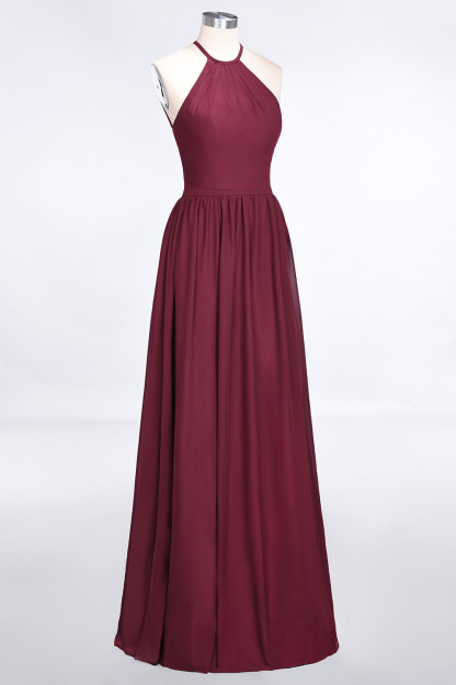Long A Line Halter Sleeveless Floor Length Chiffon Bridesmaid Dress with Ruffles - YESBABYONLINE