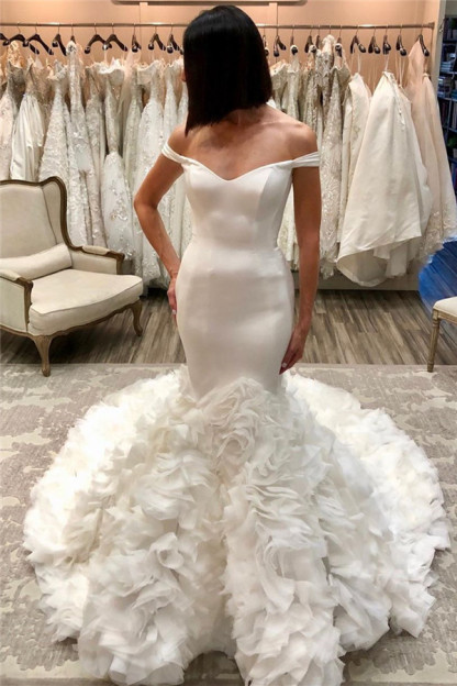Stunning Long Memaid Off the Shoulder Satin Backless Wedding Dresses with Flower Court Train - YESBABYONLINE