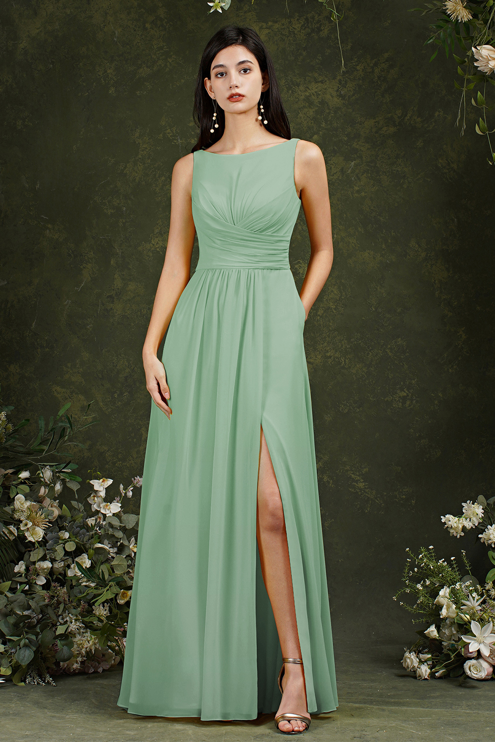 Long A Line Chiffon Ruffles Split Floor length Bridesmaid Dress With Pockets - YESBABYONLINE