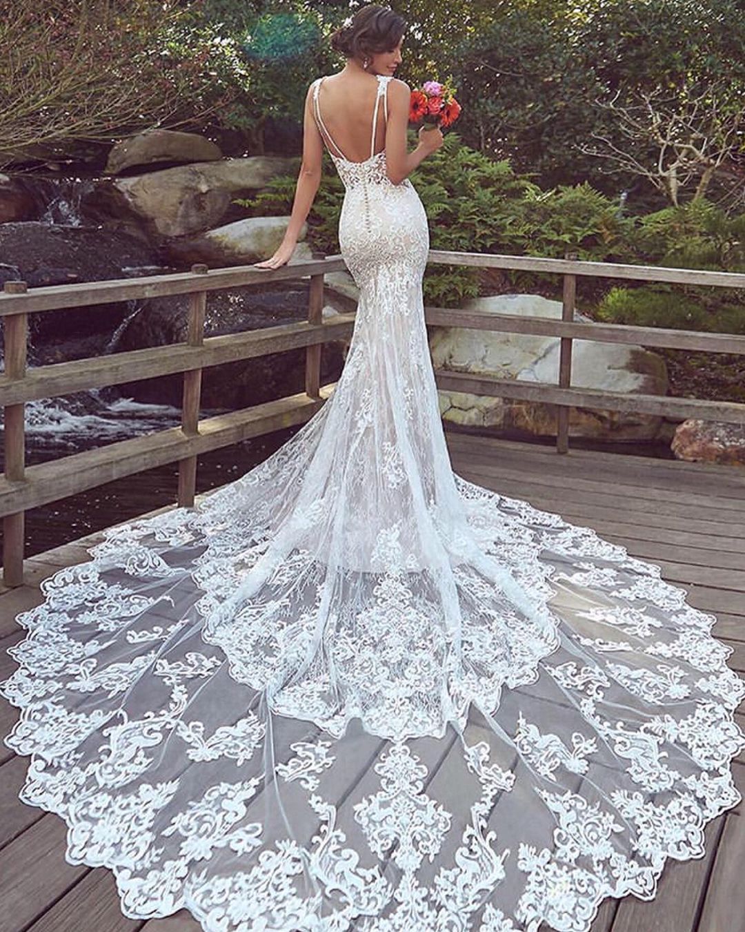 Long Mermaid Sweetheart Floor Length Lace Backless Wedding Dresses - YESBABYONLINE